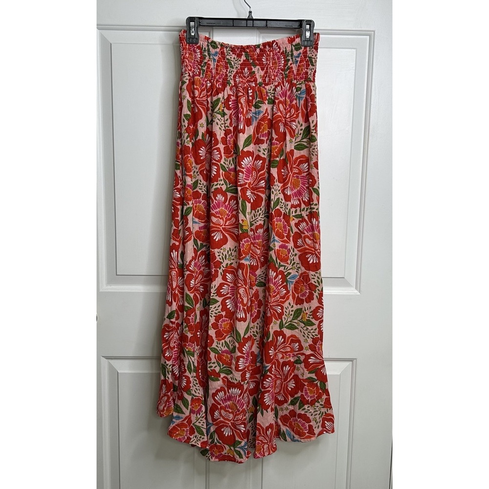 Rachel Zoe Smocked Waist Midi Skirt Women's Large Boho Beach Resort Red Floral - Picture 4 of 11